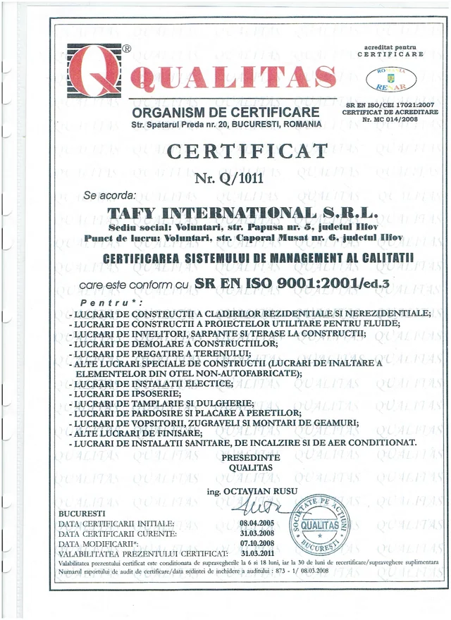 Quality management certificate