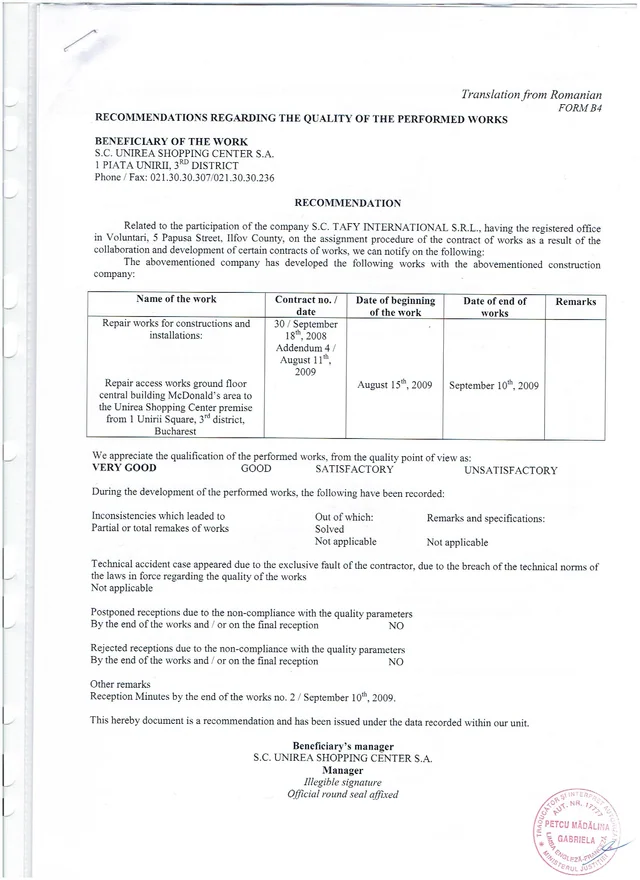 Unirea Shopping Center letter of recommendation