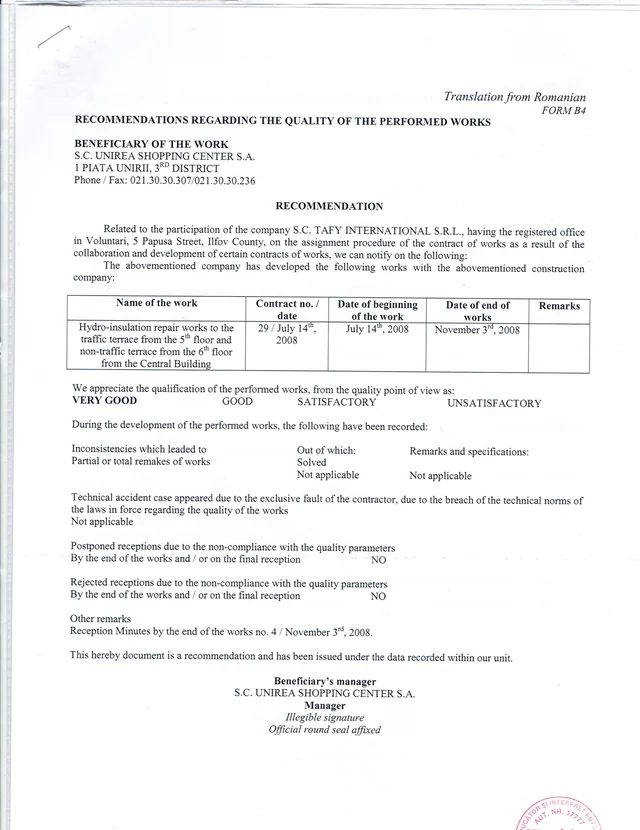 Unirea Shopping Center letter of recommendation