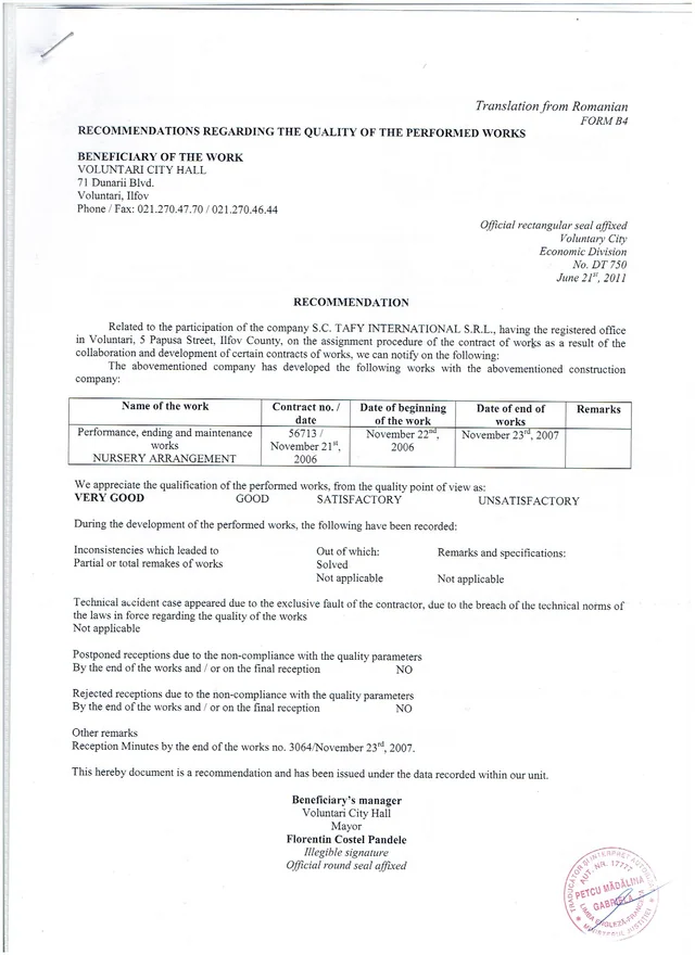 Voluntari City Hall letter of recommendation
